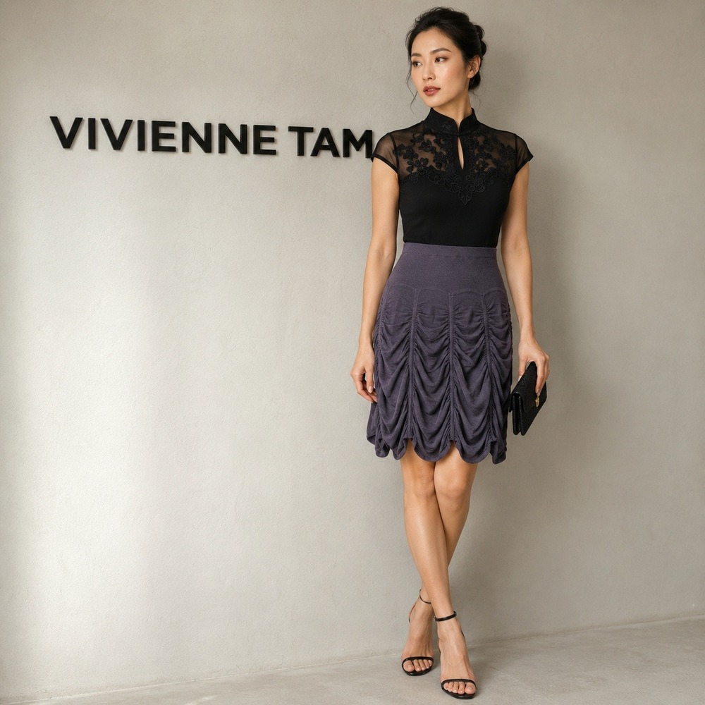 Vivienne Tam Grey Ruched Knit Midi Skirt Scalloped‎ Bubble Hem Size S